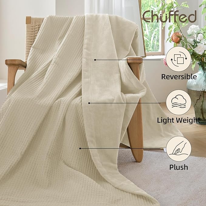 CHUFFED Cotton Waffle Blanket King Size - Plush Milk Velvet & Reversible Waffle Weave,Anti-Static 300Gsm Design，Thick Cozy Soft Winter Blanket for Bed, Couch, Sofa - Beige, 104x90 Inches