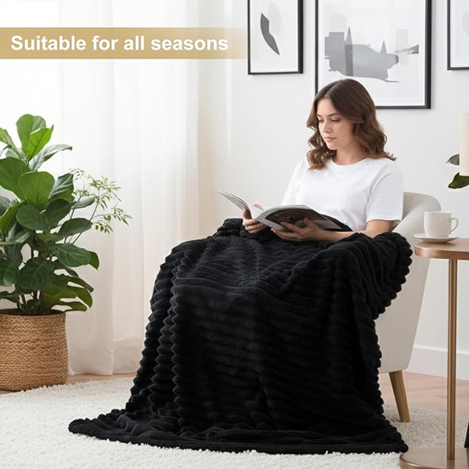 decorUhome Christmas Soft Fleece Black Twin Blanket for Bed, Cozy Fluffy Plush Flannel Striped Throws for Couch Sofa, Lightweight Decorative Ribbed Fuzzy Blanket for Woman, 60x80 Inches