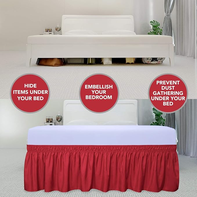 PureFit Wrap Around Ruffled Bed Skirt with Adjustable Elastic Belt - 18 Inch Drop Easy to Put On, Wrinkle Free Bedskirt Dust Ruffles, Bed Frame Cover for Twin,Twin XL and Full Size Beds, Red