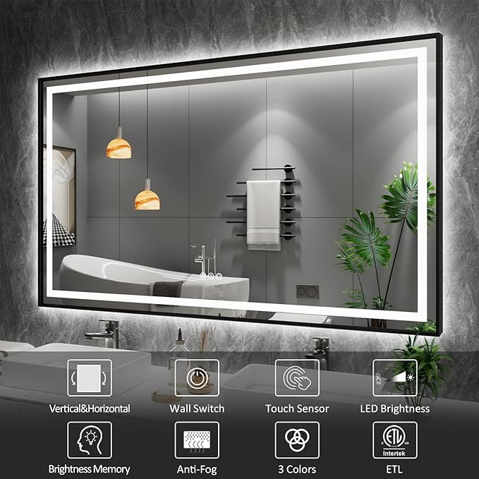 Amorho 84"X32" LED Bathroom Mirror Framed, Front Light and Backlit, Stepless Dimmable, Anti-Fog, Shatter-Proof, Memory, 3 Colors, Double LED Vanity Mirror