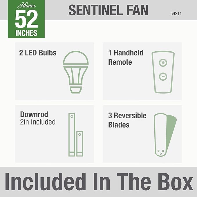 Hunter 52 inch Indoor Ceiling Fan with LED Light and Remote Control - Standard Mount Ceiling Fan, 3 Blades, For Bedroom, Living Room, or Kitchen - Sentinel 59211, Brushed Slate