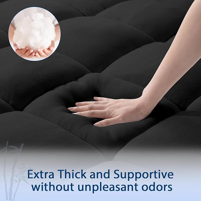 ELEMUSE California King Black Cooling Bamboo Viscose Mattress Topper for Back Pain, Extra Thick Mattress Pad Cover, Plush Soft Pillowtop with Elastic Deep Pocket, Overfilled Down Alternative Filling