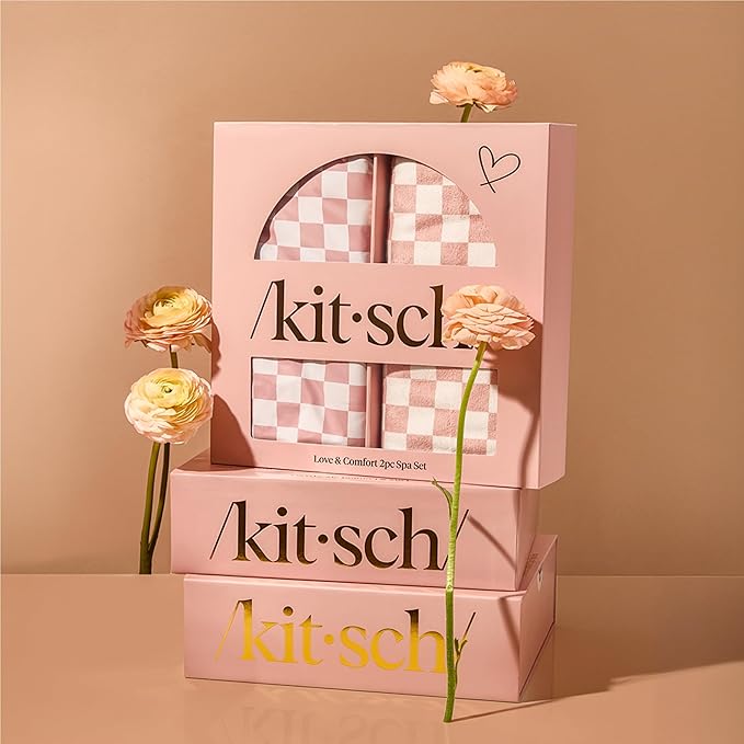 Kitsch Love & Comfort 2PC Spa Set - Satin Lined Reusable Waterproof Shower Cap and XL Quick Dry Hair Towel Wrap for Women, Microfiber Towel, Flexi Shower Cap For All Hair Types - Terracotta Checker