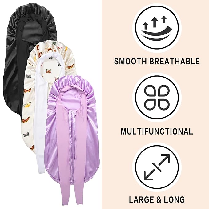 3Pcs Bonnets for Black Women Braid Bonnet, Large Long Satin Bonnet for Braids, Black Women Satin Silk Bonnet with Stretchy Tie Band Sleep Bonnet Cap for Long Curly Hair (Black&Silver Pattern&Purple)