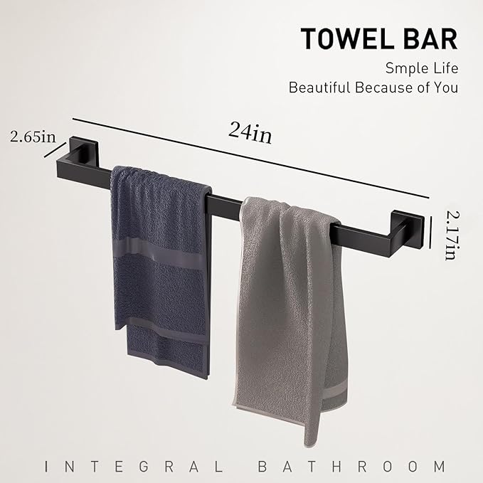 Bathroom Accessory Towel Bar Set: 5 Pieces Matte Black Square Bathroom Hardware SUS304 Stainless Steel - 24 Inch Wall Mounted Towel Rack&Toilet Paper Holder&Towel Ring and Towel Hook