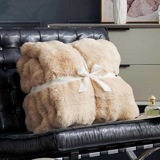 Cozy Bliss Faux Fur Throw Blanket for Couch, Bubble Plush Blanket King Size, Fuzzy Soft & Thick Blanket for Bed Sofa Living Room, 108x90 Inches Beige