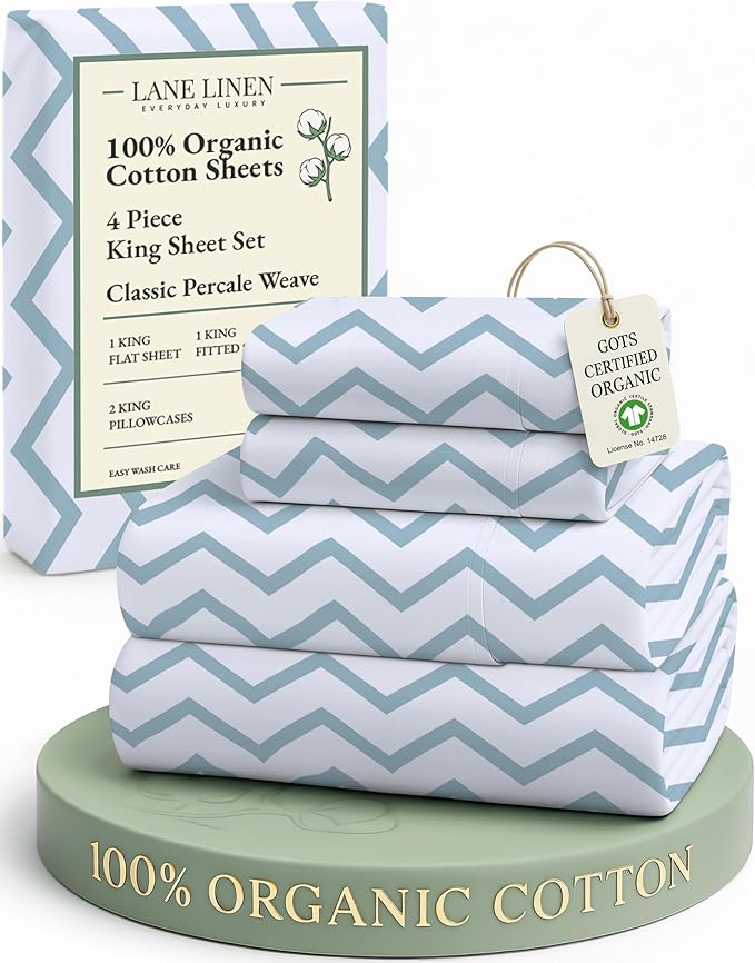 LANE LINEN 100% Organic Cotton Printed King Sheets, Soft & Comfy Percale Sheets Naturally Temperature Regulating Mercerized Cotton Fully Elasticized Printed King Bedding Set-Chevron