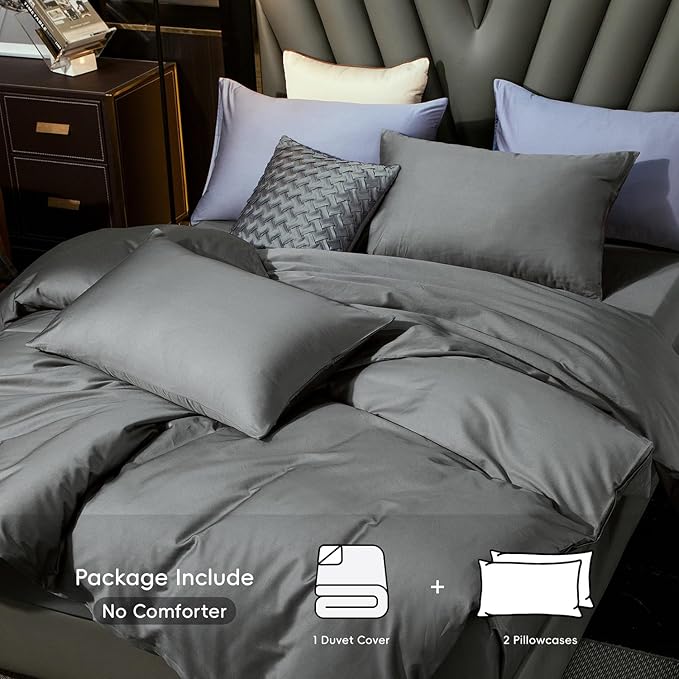 MooMee Duvet Cover Set 100% Extra Long Staple Cotton 600 Thread Count Silky Sateen Smooth Luxury Soft Breathable Durable Hotel Quality Bedding, 3 Pieces (Dark Gray, Super Queen 90"x98")