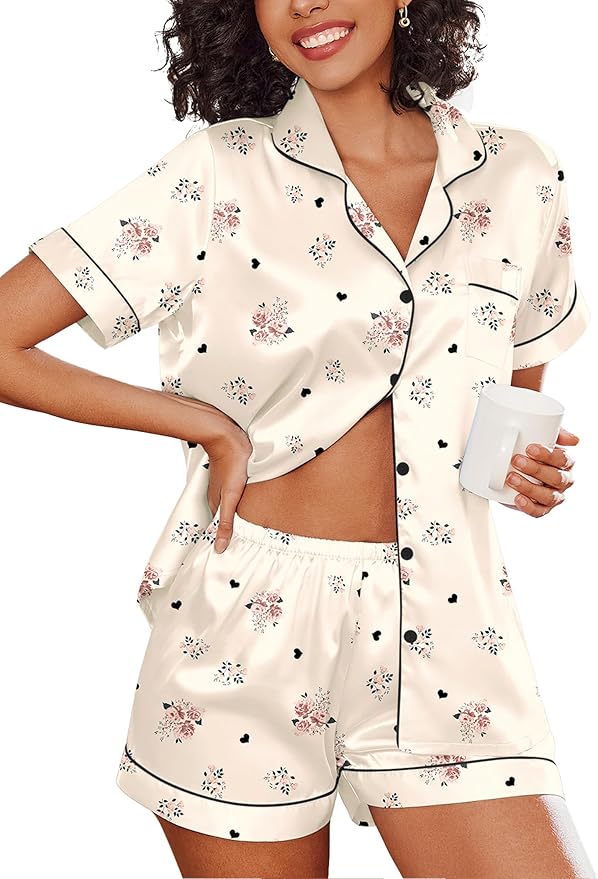 Ekouaer Pajamas for Women Set Silk Satin Pjs Shorts Sleepwear 2 Piece Loungewear S-XXL