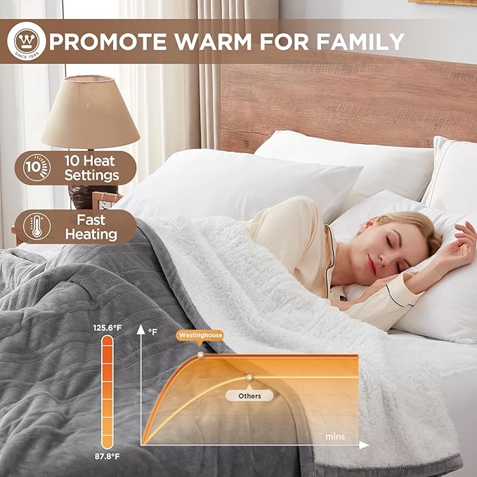 Westinghouse Heated Blanket Twin Size, Soft Flannel to Sherpa Electric Blanket with 10 Heating Levels, 12 Hours Auto Off, Fast Heating, Machine Washable, 62x84 Inch, Light Grey