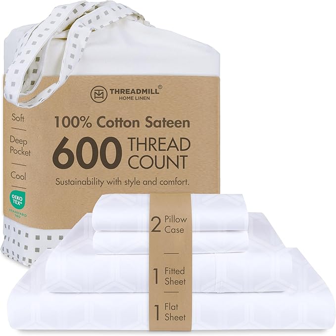 Threadmill 100% Cotton Sheets for King Size Bed - 600 Thread Count King Bed Sheets Set with 16” Deep Pocket - Jacquard Sateen Weave 4-Piece Bedding Set with Cooling Effect, White
