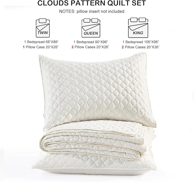 HORIMOTE HOME Cream Quilt Queen Size, Lightweight Quilt for Summer Ultra-Soft Microfiber Modern Style Quilted Clouds Pattern Bedspread Quit Set 3 Pieces(1 Quilt and 2 Pillow Shams)