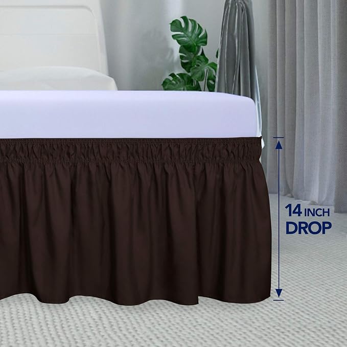PureFit Wrap Around Ruffled Bed Skirt with Adjustable Elastic Belt - 14 Inch Drop Easy to Put On, Wrinkle Free Bedskirt Dust Ruffles, Bed Frame Cover for Queen, King and C-King Size Beds, Chocolate