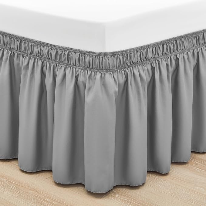 RIMELA Light Grey Bed Skirt Full Size 12 Inch Drop, Elastic Bed Skirting for Bed Base and Frame, Bedding Dust Ruffle Easy to Install, Lightweight Wrap Around Adjustable Bedskirt