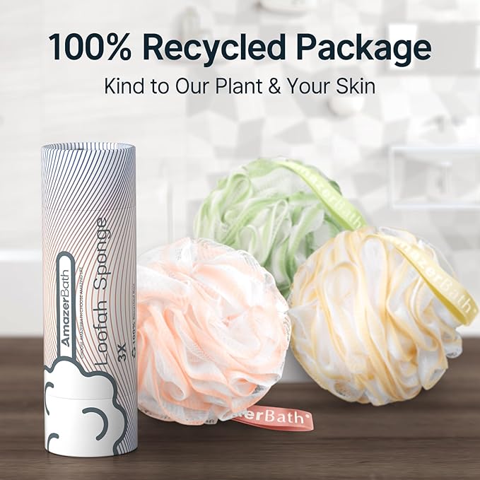 AmazerBath Loofah Sponge, Shower Loofah 60g/PCS - Body Scrubber Loofa Set of 3 Cotton Candy Trio, Bath Sponge for Men and Women