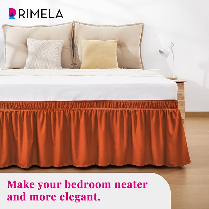 RIMELA Orange Yellow Bed Skirt Queen 15 Inch Drop, Elastic Bed Skirts Queen Size Dust Ruffle, Bedskirt for Adjustable Bed Base, Wrinkle & Fade Resistant Silky Luxurious Fabric Easy to Install