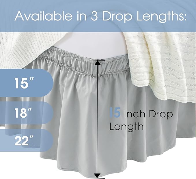 FreshCulture Elastic Wrap Around Bed Skirt - Easy Fit with 15-Inch Tailored Drop, Hotel Quality Dust Ruffle for Full Size Bed (Light Grey)