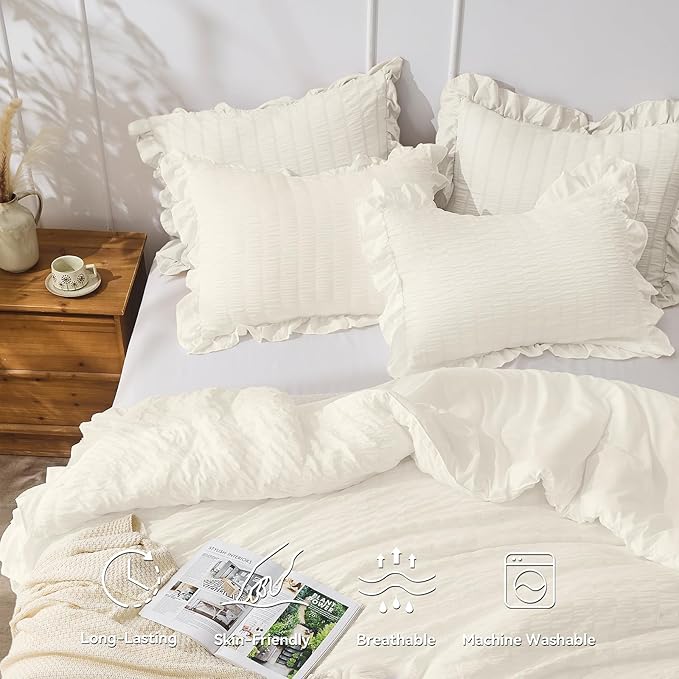 JOLLYVOGUE Ivory Comforter Full Size, 3 Pieces Seersucker Lightweight Full Size Bedding, All Season Fluffy Microfiber Bedding Comforter Set with 1 Ruffle Comforter and 2 Ruffle Pillowshams