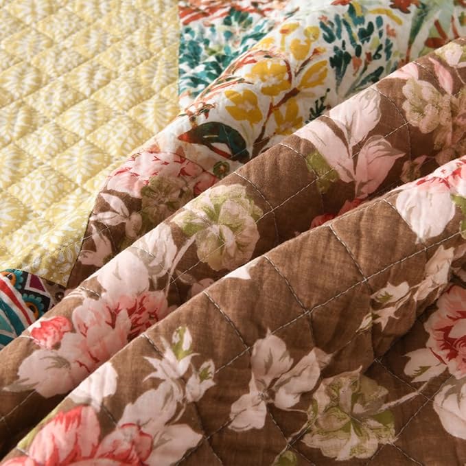 Autumn Dream Cotton Bedspread Quilt Sets Reversible Bedding Coverlet Sets, Luxury Vintage Floral Patchwork Yellow Bedspread, King Size