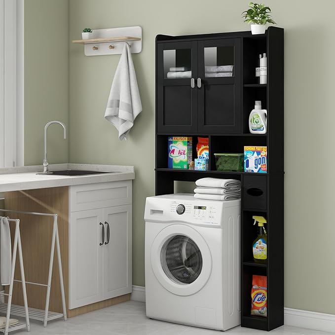 Vabches Over The Toilet Storage Cabinet, Bathroom Shelf Over Toilet with Glass Doors and Adjustable Shelves, Black Freestanding Home Space Save Toilet Rack, for Restroom, Bathroom, Laundry