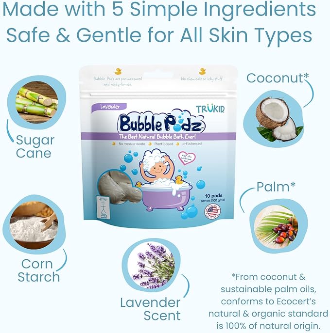TruKid Bubble Podz Bubble Bath Bundle for Baby & Kids, Gentle Refreshing Bath Bomb for Sensitive Skin, pH Balance 7 for Eye Sensitivity, Natural Moisturizers and Ingredients, Five SCENTS