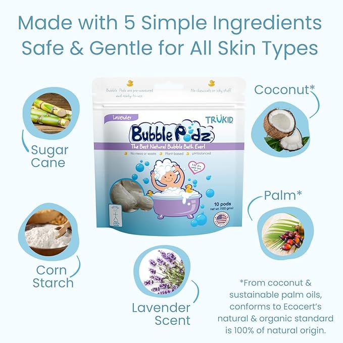 TruKid Bubble Podz Bubble Bath for Kids, Toddlers, & Babies, Tear Free Gentle & Refreshing Bath Bomb for Sensitive Skin with Natural Moisturizers, Non-Toxic, pH Balanced, Lavender Scent (10 Podz)