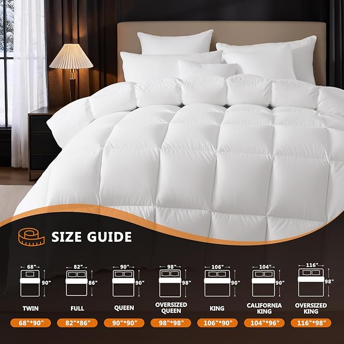 DROVAN Goose Feather Down Fiber Comforter Queen Size - 100% Cotton Duvet Insert with 8 Corner Loops - Luxurious All-Season Hotel Collection, 90x90 Inch