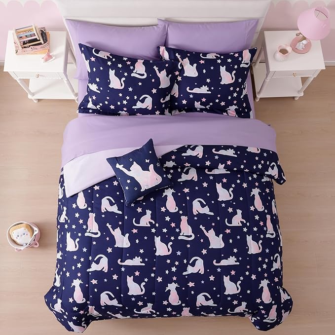 Twin Comforter Set for Girls-3 Pieces Cute Cat Twin Bedding Sets for Kids,1 Comforter,1 Sham and 1 Decor Pillow