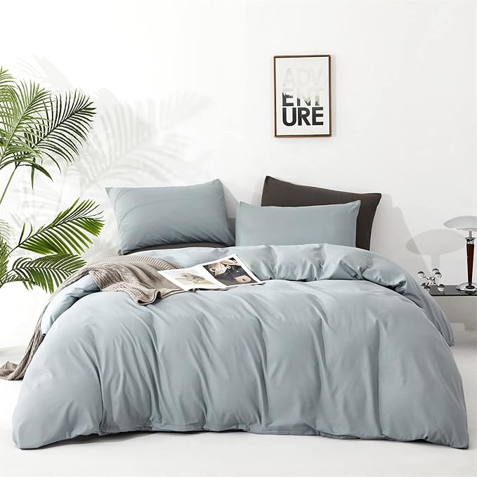 Cottonight Blue Comforter Set King Light Blue Bedding Comforter Set Solid Haze Blue Blanket Quilts Modern Soft Breathable Simple 3 Piece Baby Blue Comforter Set for Women Men King Bed