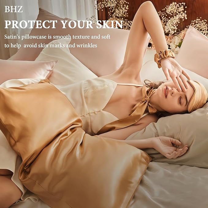 BHZ Satin Goose Down Feather Pillows Standard Size Set of 2 with Beige Satin Pillowcase for Hair and Skin, Cooling Pillow Cases Similar to Silk Pillow Cases, Decor for Women, Mom Men