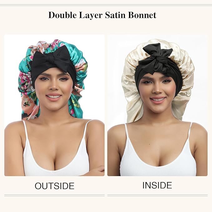 AWAYTR Long Satin Bonnet for Women - Double Layer Elastic Silk Bonnet for Braids Hair Sleeping Cap with Tie Band (Flower A)