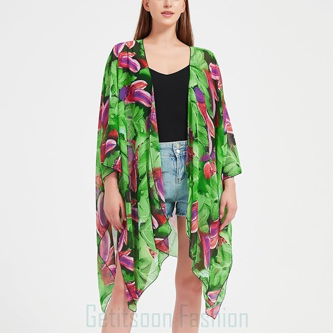 Women's Bohemian Floral Chiffon Beach Cover up Swimsuit Kimono Summer Swimwear Cardigans