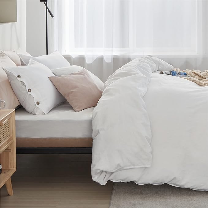 Bedsure Linen Duvet Cover King Size - Linen Cotton Blend Bedding Set, Soft & Cozy, 3 Pieces, 1 Duvet Cover 104x90 Inches and 2 Pillowcases, White Color Cooling Bedding, Comforter Sold Separately