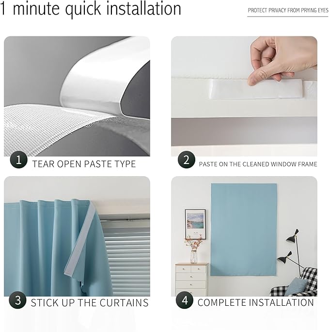 Self Adhesive Curtains, Portable Blackout Curtains Fabric Curtains for Living Room No Drilling, 59" W X 96" L, Lake Blue, 1 Panel