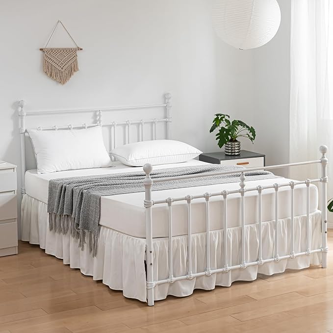 Bed Skirt Ruffled Bed Skirt with Split Corners, 18 Inch Drop Dust Ruffle Bed Skirts with Platform, Ivory, King Size