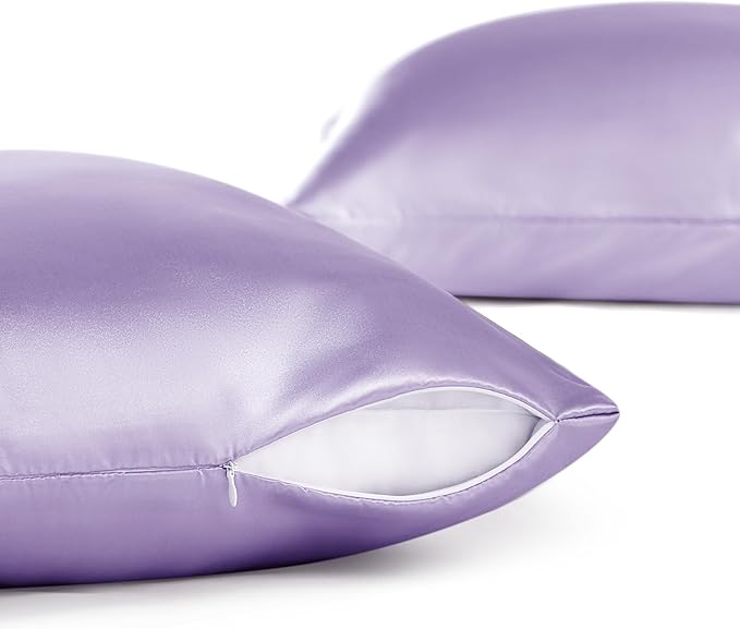 Bedsure Satin Pillowcase with Zipper, Similar to Silk Pillow Cases 2 Pack, Silky & Soft Satin Pillow Cases Standard Size for Hair and Skin, Lavender Pillow Covers, Gifts for Women Men, 20x26 Inches