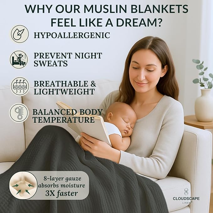 Cloud Scape Linen Extra Large 8 Layer Muslin Throw Blanket - 100% Cotton Gauze, Soft and Breathable, Winter Blanket for Couch, Sofa and Bed, Idea, 50x70, Dark Grey