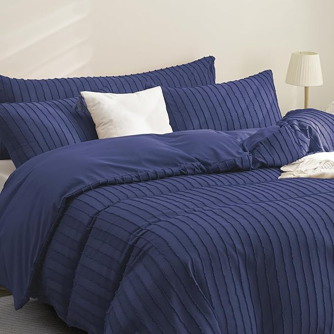 JELLYMONI Duvet Cover King Size Navy Blue - 3PCS Boho Striped Duvet Cover Set Polyester Tufted Bohemian Textured Comforter Cover 104×90in with Corner Ties & Zipper and 2 Pillowcases