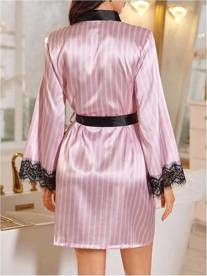 SOLY HUX Women's Striped Silk Robe Satin Lace Bathrobe Kimono Bridesmaid Bride Wedding Party Robes Sleepwear with Belted