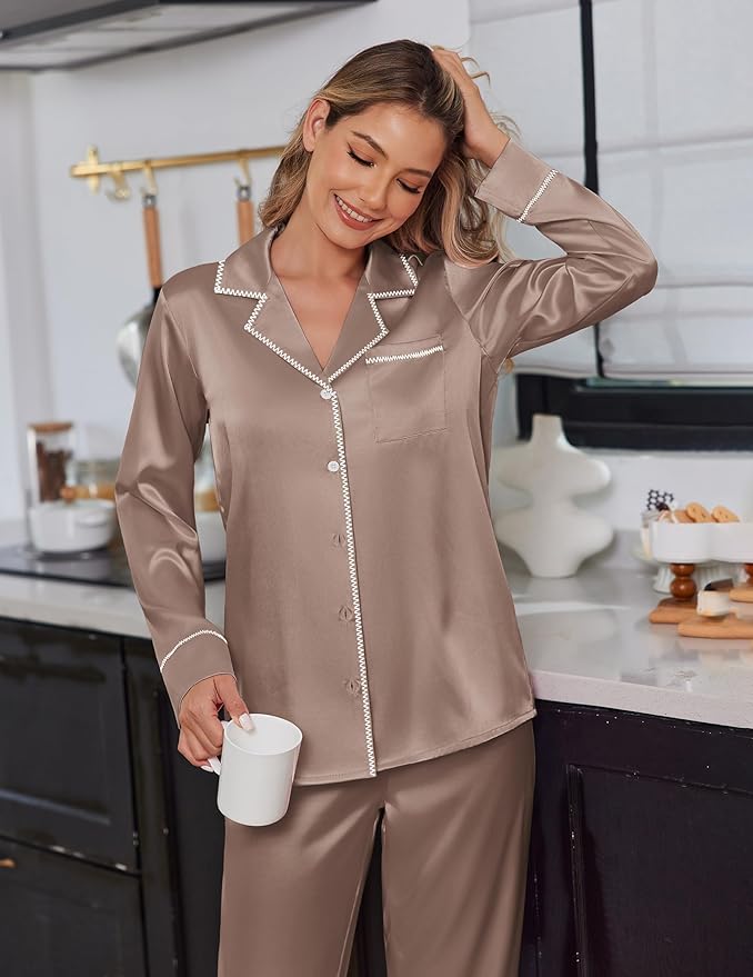 Ekouaer Satin Pajama Set for Women Silky Sleepwear Long Sleeve Top and Pants Button Down Pjs Lounge Set