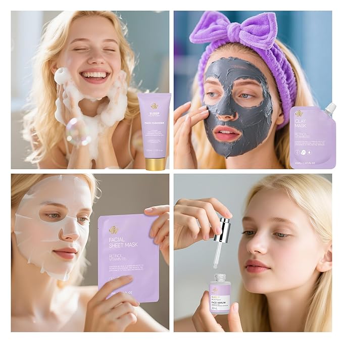 Christmas Gifts for Women, Lavender 33 Pcs Spa Bath & Body Gift Set, Face Sheet Mask Skin Care, Hydrogel Mask, Lip Gloss, Cosmetic Bag, Face Serum, Necklace, Cleanser, Gua Sha, Mother Day, Birthday