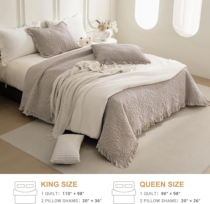 QSH 3PCs Stonewashed Cotton Quilt King (110"x98"),Linen Feel Ruffled Quilt King Size Bedding Set,Ultra Lightweight Soft Crinkled Bedspread Coverlet King Shabby Farmhouse Chic Bed Set for All Seasons