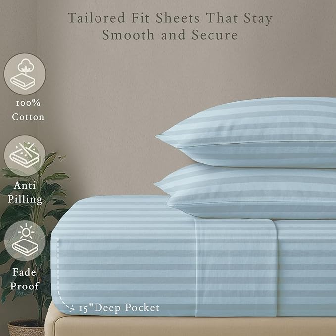 Threadmill 500 Thread Count Twin-XL Size Damask Stripe, 3 Pc Luxury Cotton Bed Sheet Set, Breathable Light Blue Sheets with 15" Elasticized Deep Pocket, 1 Pillowcase & Free Tote Bag
