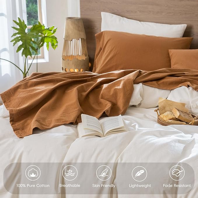 MooMee Bedding Sheet Set 100% Washed Cotton Linen Like Textured Breathable Durable Soft Comfy (Solid Dark Orange, Queen)