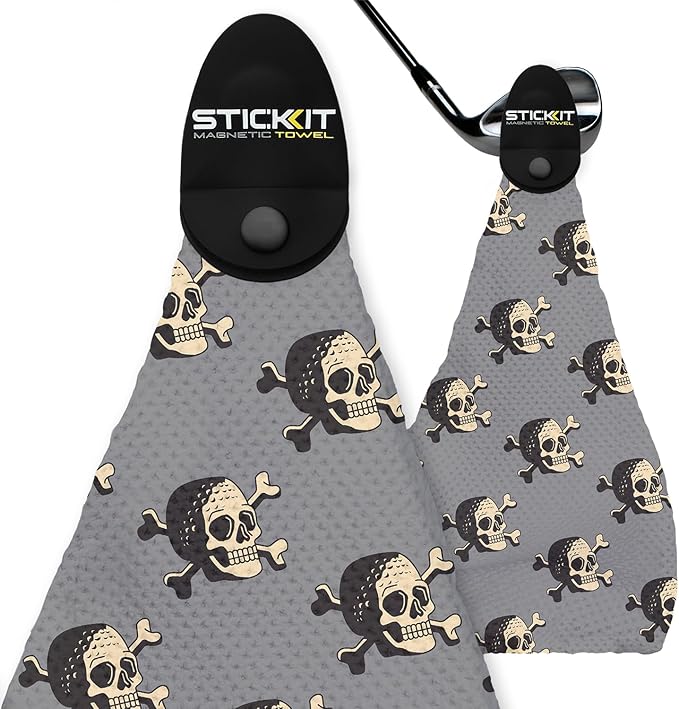 STICKIT The Original Magnetic Golf Towel with Gray Skulls | Top-Tier Microfiber Golf Towel with Deep Waffle Pockets | Industrial Strength Magnet for Strong Hold to Golf Carts or Clubs