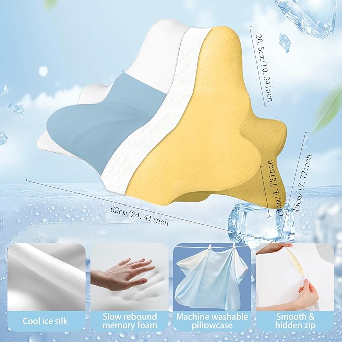 Memory Foam Neck Pillow for Neck and Shoulder Pain, Ergonomic Pillow for Back Side Stomach Sleepers, Cervical Neck Support Pillow, High Tail Versatile Pillow (Blue)