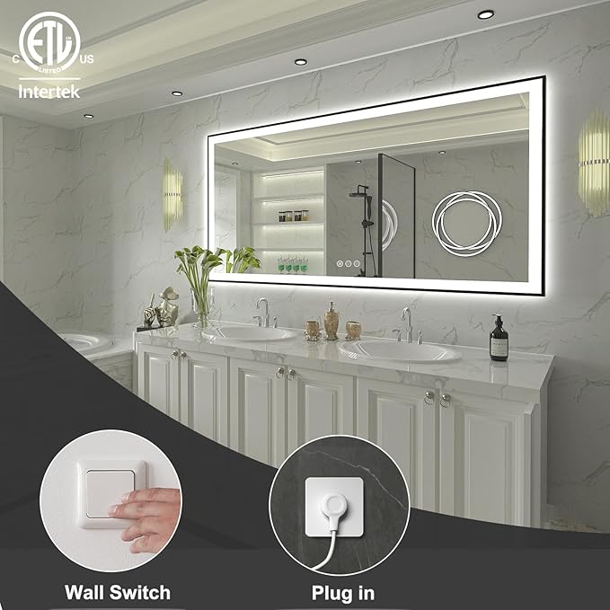 SMIROR 88x38 Black LED Mirror for Bathroom Wall, Big Lighted Vanity Mirrors with LED Lights, Dimmable, Anti-Fog, Memory, Shatterproof, ETL Listed (Backlit and Front Lit)