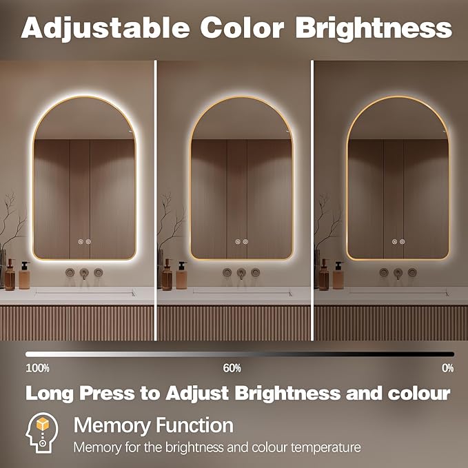 Niccy Arched LED Lighted Bathroom Mirror, 32x20 Inch Backlit Vanity Mirror with Lights Brushed Gold Framed Wall Mounted Mirrors with Dimmable 3 Color Shatterproof Arch Smart Fog Free Mirror