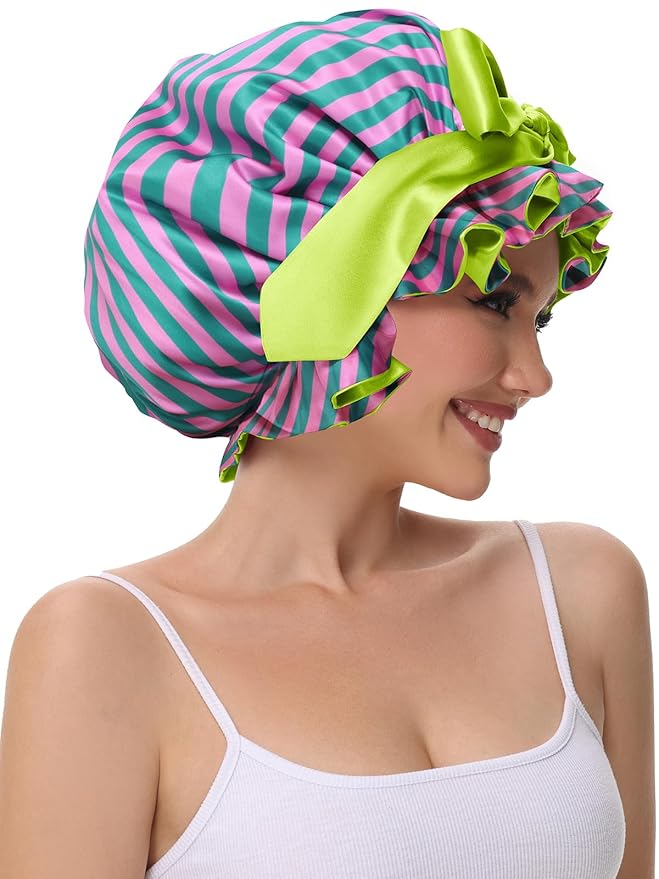 Silk Hair Bonnet for Sleeping, Satin Shower Cap for Women 2025 with Tie Band and Adjustable Straps Head Wrap for Curly Hair Pink-Red-Green F