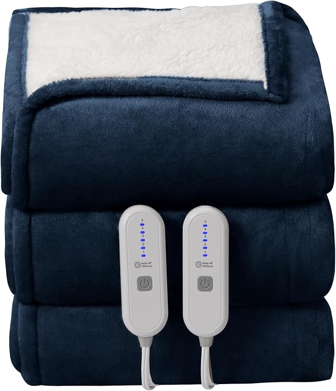 Queen Size Heated Blanket - Dual Control Electric Blanket Queen with 5 Heating Levels, 10 Hours Auto Off, Overheat Protection, Washable Flannel Sherpa Heating Blanket, 84 x 90 Inch, Navy